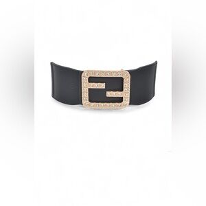 Black Vegan Leather & Gold Crystal Buckle Stretch Statement Belt